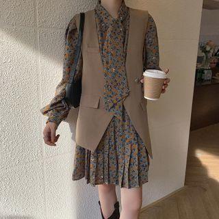 Floral Print Long-sleeve Mini A-line Dress / Sleeveless Vest