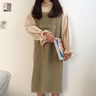 Balloon-sleeve Blouse / Corduroy Pinafore Dress