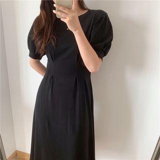 Puff-sleeve Round-neck Plain Dress