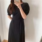 Puff-sleeve Round-neck Plain Dress