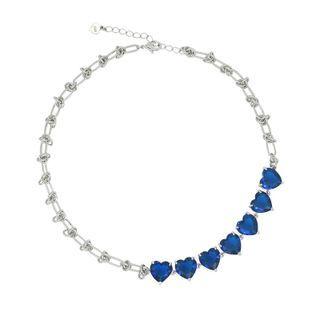 Heart Rhinestone Alloy Choker Silver & Blue - One Size