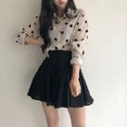 Heart Print Shirt / Lace-up A-line Skirt