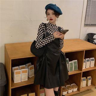 Checkerboard T-shirt / Faux Leather Mini A-line Overall Dress