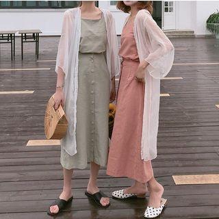 Set: Plain Camisole Top + Midi Skirt / 3/4 Sleeve Long Light Jacket