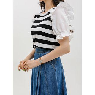 Contrast Puff-sleeve Stripe Knit Top