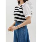 Contrast Puff-sleeve Stripe Knit Top