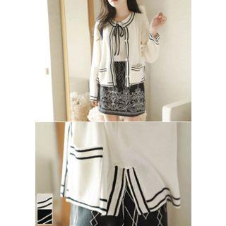 Crew-neck Contrast-piping Cardigan