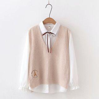 Set: Embroidered Sweater Vest + Bow Blouse
