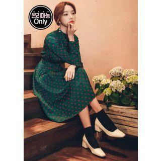 Mock-neck Belted Polka-dot Dress