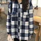 Mock Two-piece Hooded Plaid Shirt Plaid - Blue - One Size