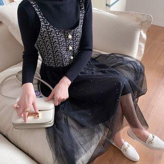 Set: Long-sleeve Top + Mesh Midi A-line Pinafore Dress Set - Long-sleeve Top & Pinafore Dress - Black - One Size