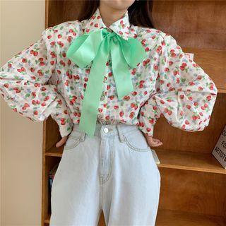 Long-sleeve Tie-neck Strawberry Print Shirt