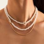 Set Of 3: Chain Necklace + Faux Pearl Necklace Set Of 3 Pcs - White & Gold - One Size