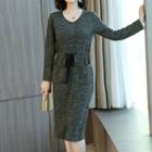 Long-sleeve Drawstring Waist Melange Dress