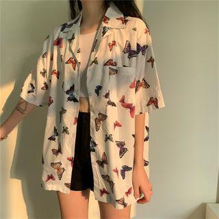 Butterfly Print Short Sleeve Shirt As Shown In Figure - One Size