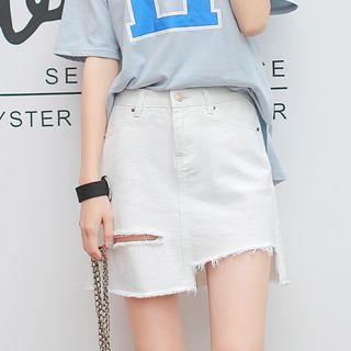 Ripped Asymmetric Mini Denim Skirt