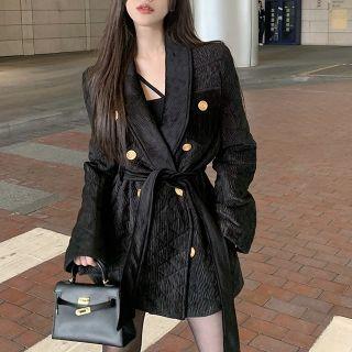 Double-breasted Quilted Coat With Sash Black - One Size
