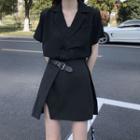 Short-sleeve Double-breasted Shirt / Buckled A-line Skirt