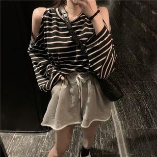 Long-sleeve Off-shoulder Striped Top / Drawstring Shorts