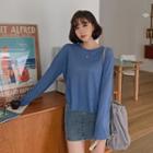 Dip-back Round-hem Linen T-shirt