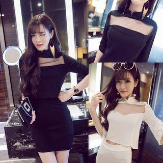 Set: Sheer Panel Elbow-sleeve Top + Fitted Skirt