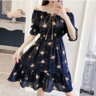 Off Shoulder Print Smocked A-line Dress