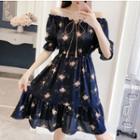 Off Shoulder Print Smocked A-line Dress