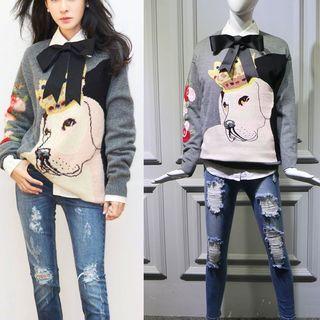 Set: Printed Knit Top + Shirt + Distressed Jeans + Bow