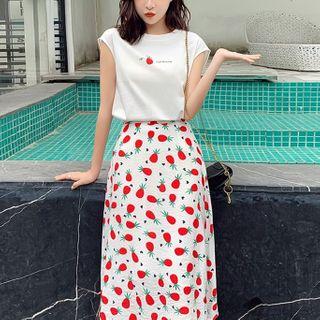 Set: Cap-sleeve Printed T-shirt + Midi Skirt