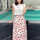 Set: Cap-sleeve Printed T-shirt + Midi Skirt