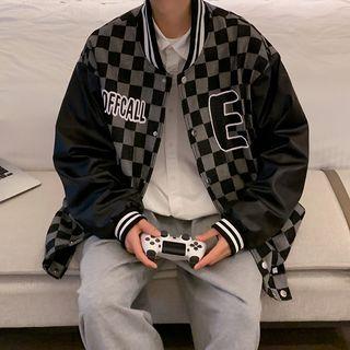 Check Lettering Loose-fit Baseball Jacket
