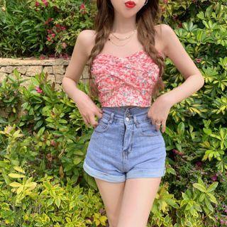 Floral Pleated Cropped Tank Top