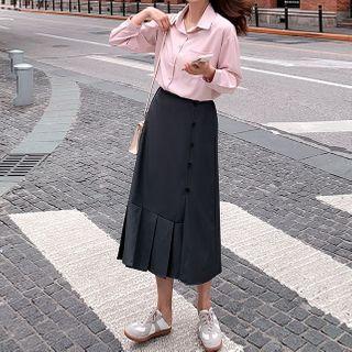 Plaid Shirt / Asymmetric Pleated Midi A-line Skirt