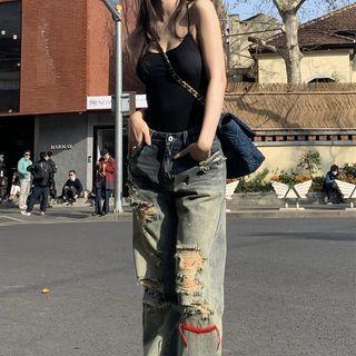 Distressed Straight Leg Jeans / Plain Camisole Top