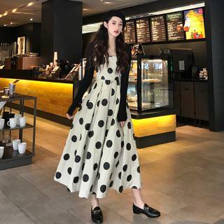 Cropped Light Jacket / Strappy Dotted Midi A-line Dress