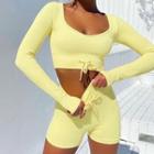 Set: Long Sleeve Drawstring Crop Top + Plain Shorts
