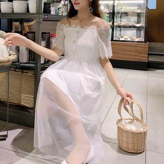 Short-sleeve Cold Shoulder Lace-panel A-line Dress