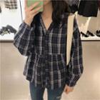 Gingham Long-sleeve Blouse As Shown In Figure - One Size