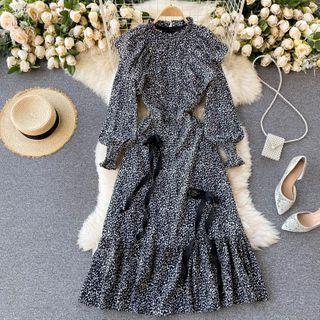 Long-sleeve Ruffle Trim Leopard Print Midi Dress