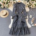 Long-sleeve Ruffle Trim Leopard Print Midi Dress