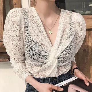 Long-sleeve Crinkled Lace Blouse
