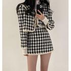 Collared Houndstooth Single-breasted Jacket / Mini A-line Skirt