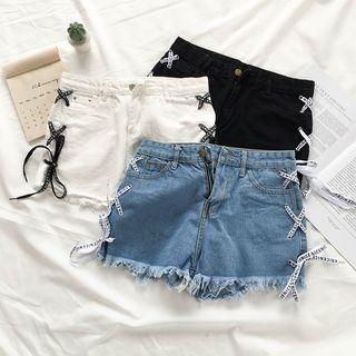 Lace Up Frayed Hem Denim Hot Pants