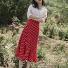 Set: Elbow-sleeve Blouse + Dotted Midi A-line Skirt