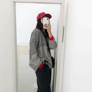 Contrast-cuff Stripe Knit Top Black - One Size