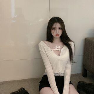 Ribbed Knit Cropped Cardigan / Bow Detail Lace Trim Camisole Top