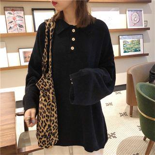 Lapel Plain Long-sleeve Sweater