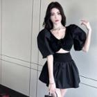 Puff-sleeve Floral Crop Blouse / A-line Skirt