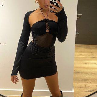 Set: Spaghetti-strap Halter Mini Sheath Dress + Shrug