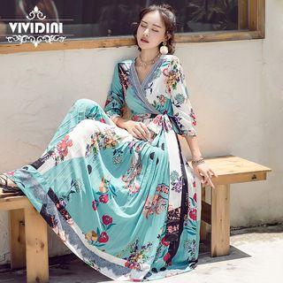Print 3/4-sleeve A-line Maxi Wrap Dress
